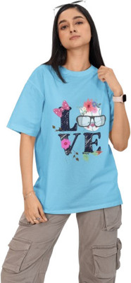 J&D brand Printed Women Cowl Neck Light Blue T-Shirt
