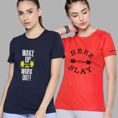 SPOWEARY Typography Women Round Neck Navy Blue, Red T-Shirt