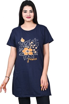 PG fashion Printed Women Round Neck Dark Blue T-Shirt