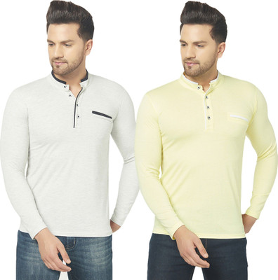 JB Jagoboy Solid Men Henley Neck Grey, Yellow T-Shirt