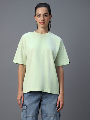BEWAKOOF Solid Women Round Neck Light Green T-Shirt
