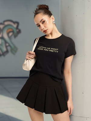 Glitchez Printed Women Round Neck Black T-Shirt