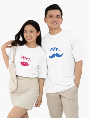 PD CLORI Printed Couple Round Neck White T-Shirt