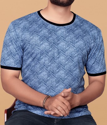 KAJARU Printed Men Round Neck Blue T-Shirt