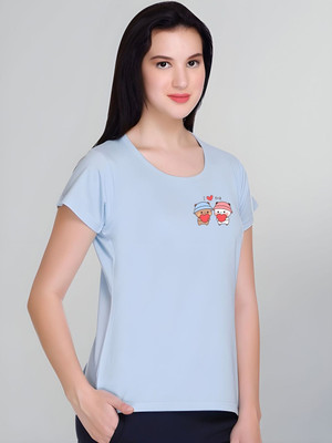 SZN Graphic Print Women Round Neck Light Blue T-Shirt