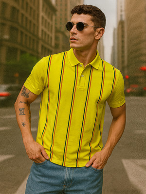 GETGOLF Striped Men Polo Neck Yellow T-Shirt