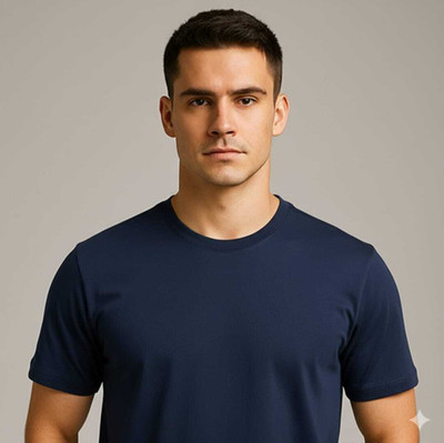 ONEPIS Solid Men Round Neck Navy Blue T-Shirt
