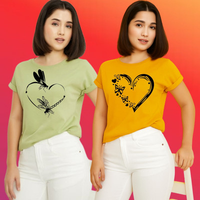 Parona Printed Women Round Neck Green, Yellow T-Shirt