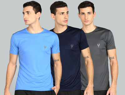 Fricker Solid Men Round Neck Light Blue, Navy Blue, Grey T-Shirt