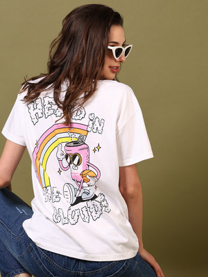 V-MART Printed Women Round Neck White T-Shirt