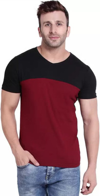MOON IN Colorblock Men V Neck Red, Black T-Shirt