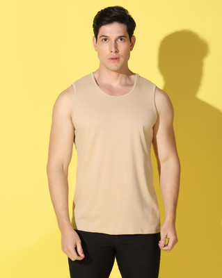 WOOSTRO Solid Men Scoop Neck Beige T-Shirt