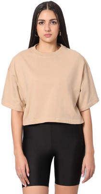 Besick Solid Women Round Neck Beige T-Shirt