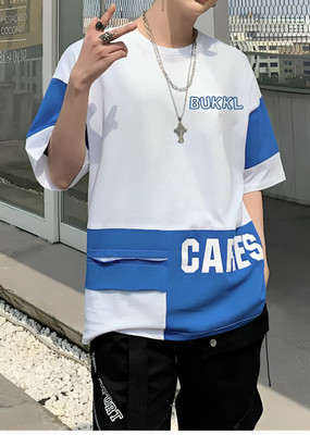 BUKKL Printed Men Round Neck White, Blue T-Shirt