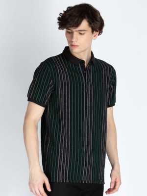 Status Quo Striped Men Polo Neck Green T-Shirt