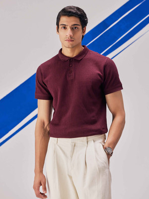 Toodlplus Self Design Men Polo Neck Maroon T-Shirt