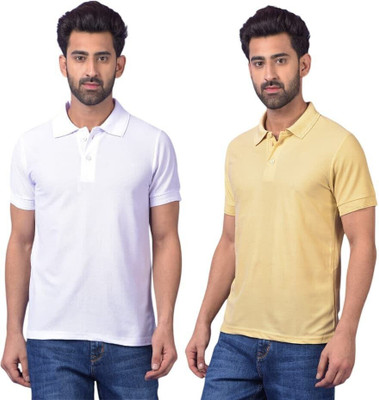 ROYAL YOUTH Solid Men Polo Neck White, Yellow T-Shirt