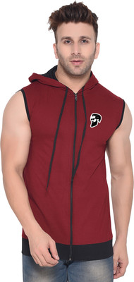 GEUM Printed Men Hooded Neck Maroon, Black T-Shirt
