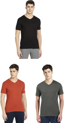 JOCKEY Solid Men V Neck Black, Orange, Dark Green T-Shirt