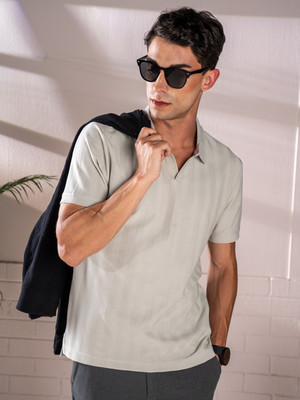 Damensch Solid Men Polo Neck Grey T-Shirt