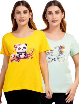 Romaisa Graphic Print Women Round Neck Reversible Yellow, Green T-Shirt