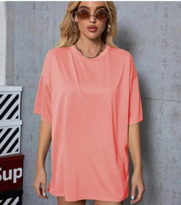 etsun Solid Women Round Neck Pink T-Shirt