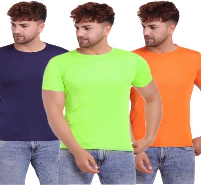KASPY Solid Men Round Neck Orange, Light Green, Navy Blue T-Shirt