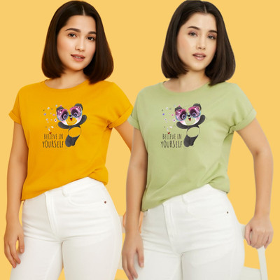 Kintu Parantu Printed Women Round Neck Yellow, Green T-Shirt