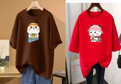 RAPTUROUS Printed Women Round Neck Brown, Red T-Shirt