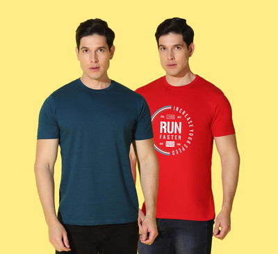 WOOSTRO Solid, Printed Men Round Neck Blue, Red T-Shirt