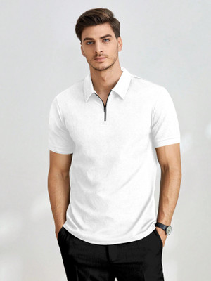 METRONAUT Solid Men Zip Neck White T-Shirt