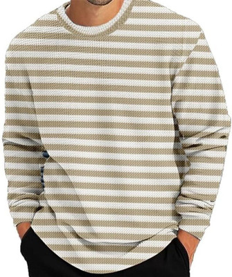 TOIX Striped Men Round Neck Yellow T-Shirt