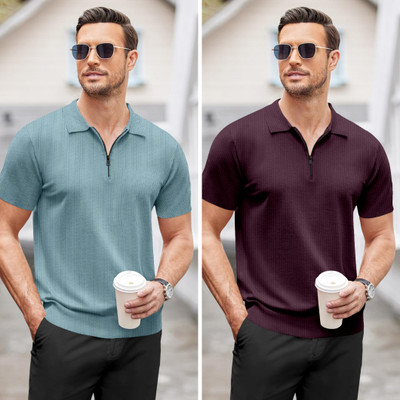 NTIFIC Self Design Men Polo Neck Light Blue, Maroon T-Shirt