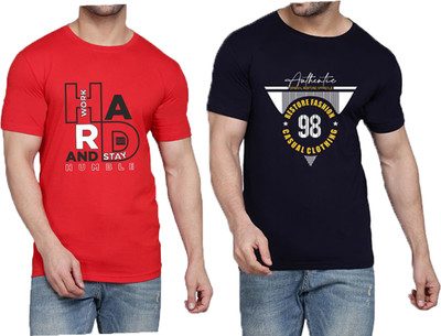 WOOSTRO Printed Men Round Neck Red, Navy Blue T-Shirt