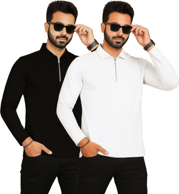 HELMONT Self Design Men Zip Neck Black, White T-Shirt