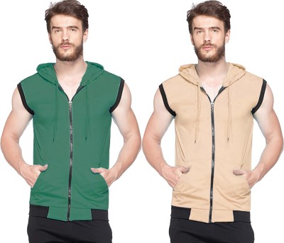 Adorbs Solid Men Hooded Neck Green, Beige T-Shirt