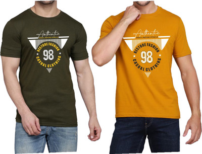 WOOSTRO Printed Men Round Neck Dark Green, Brown T-Shirt