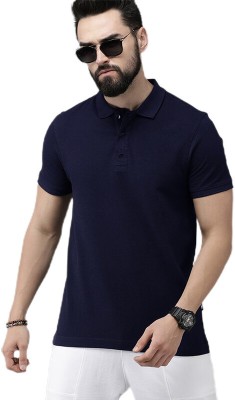 LazyChunks Solid Men Polo Neck Navy Blue T-Shirt