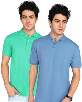 OLIVESQUARE Solid Men Polo Neck Light Green, Dark Blue T-Shirt