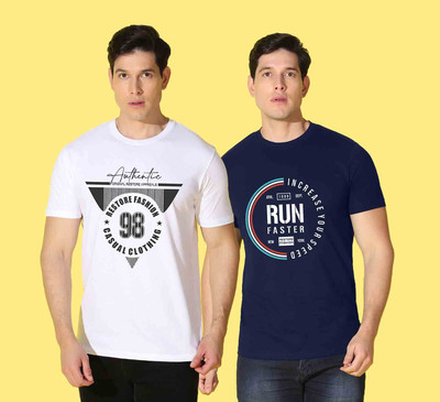 WOOSTRO Printed Men Round Neck White, Dark Blue T-Shirt