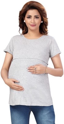 MAMA AND BEBE Solid Women Round Neck Grey T-Shirt