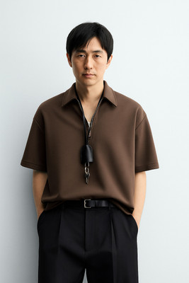 hanuelite Solid Men Zip Neck Brown T-Shirt