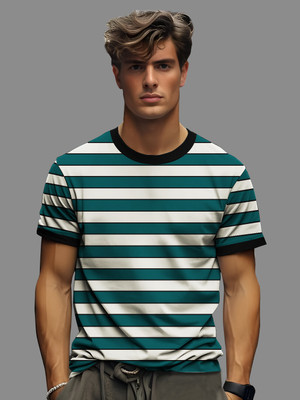 KELONBRO Striped Men Round Neck Light Green, White T-Shirt
