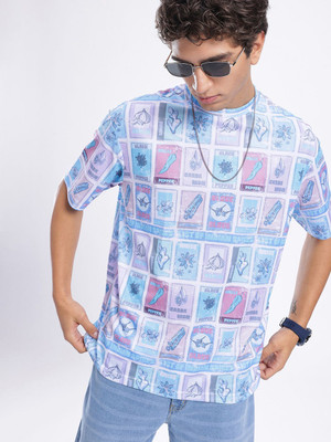 Glitchez Printed Men Round Neck Blue T-Shirt