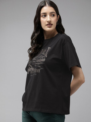 Roadster Printed Women Round Neck Black T-Shirt