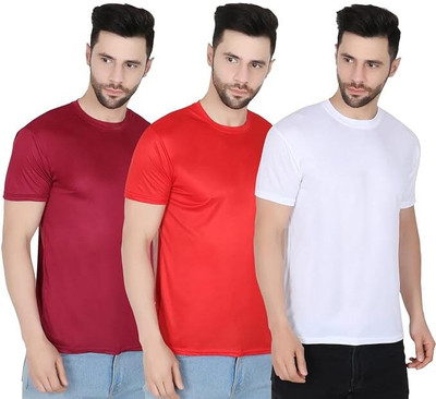 P collection Solid Men Round Neck Maroon, Red, White T-Shirt