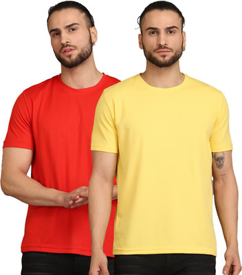 INKKR Solid Men Round Neck Red, Yellow T-Shirt