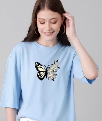 NVYARI Typography, Printed Women Round Neck Light Blue T-Shirt