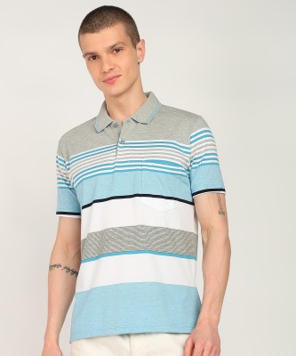 MONTE CARLO Striped Men Polo Neck Grey T-Shirt