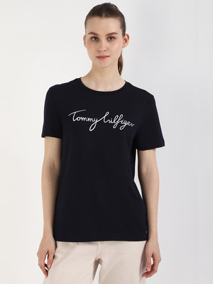 TOMMY HILFIGER Printed Women Round Neck Blue T-Shirt